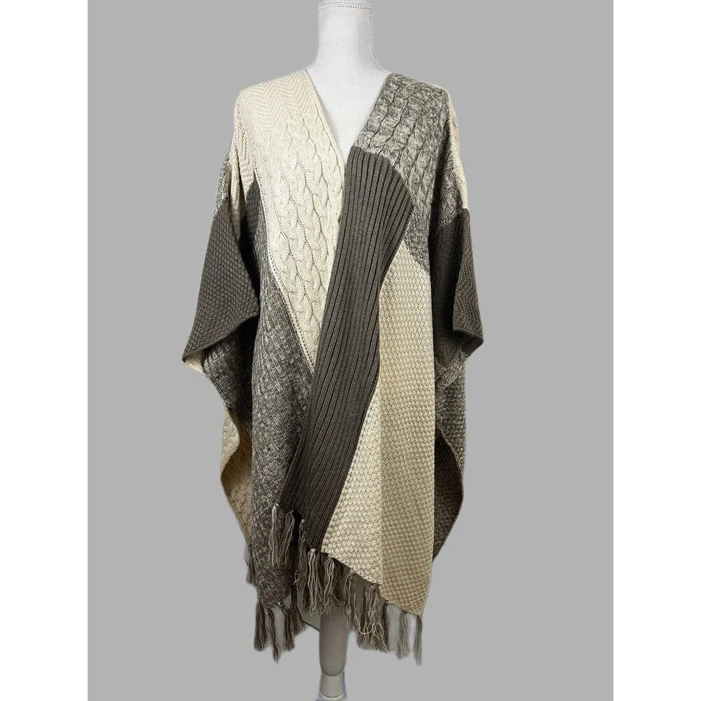 Knox Rose Womens XXL Colorblock Cable Knit Open Fringe Poncho Cardigan